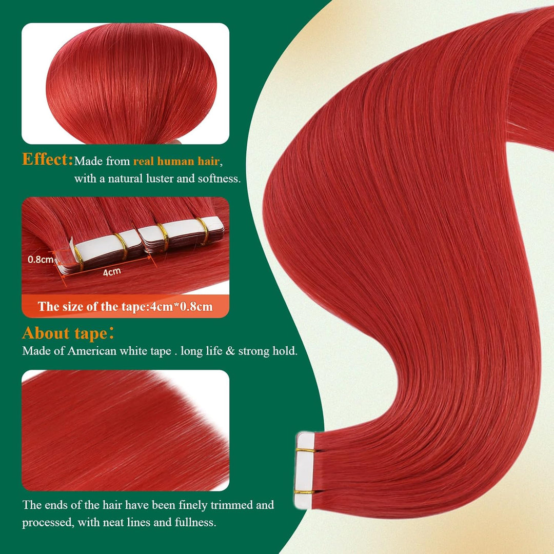 Easyouth Remy Tape on Extensions Echthaar Adhesive on Haar 18 Zoll 25g Farbe Rot Extensions Echthaar