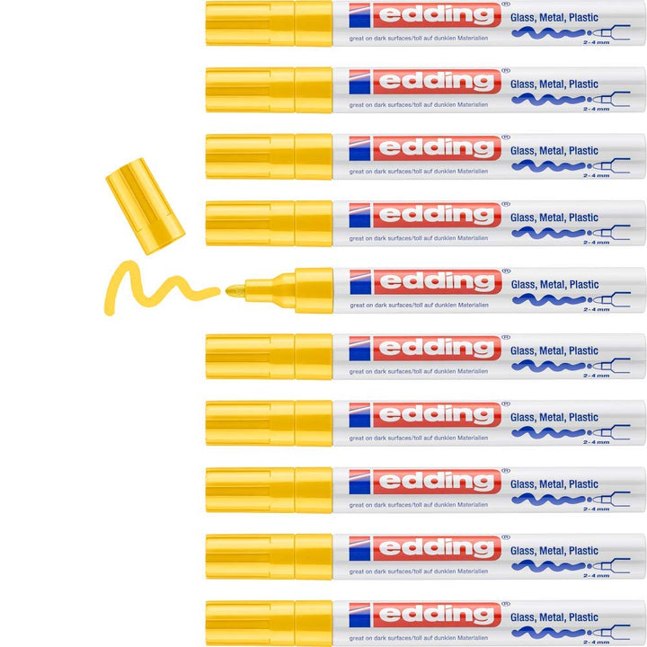 edding 750 Glanzlackmarker - gelb - 10 Lackmarker - Rundspitze 2-4 mm - Lackstift für Glas, Stein, H