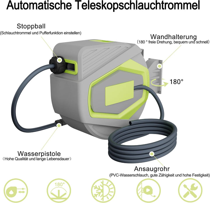 ACXIN Schlauchtrommel Wasser 30 m, Gartenschlauch Trommel mit 10‑Funktions Sprühdüse, Automatischer