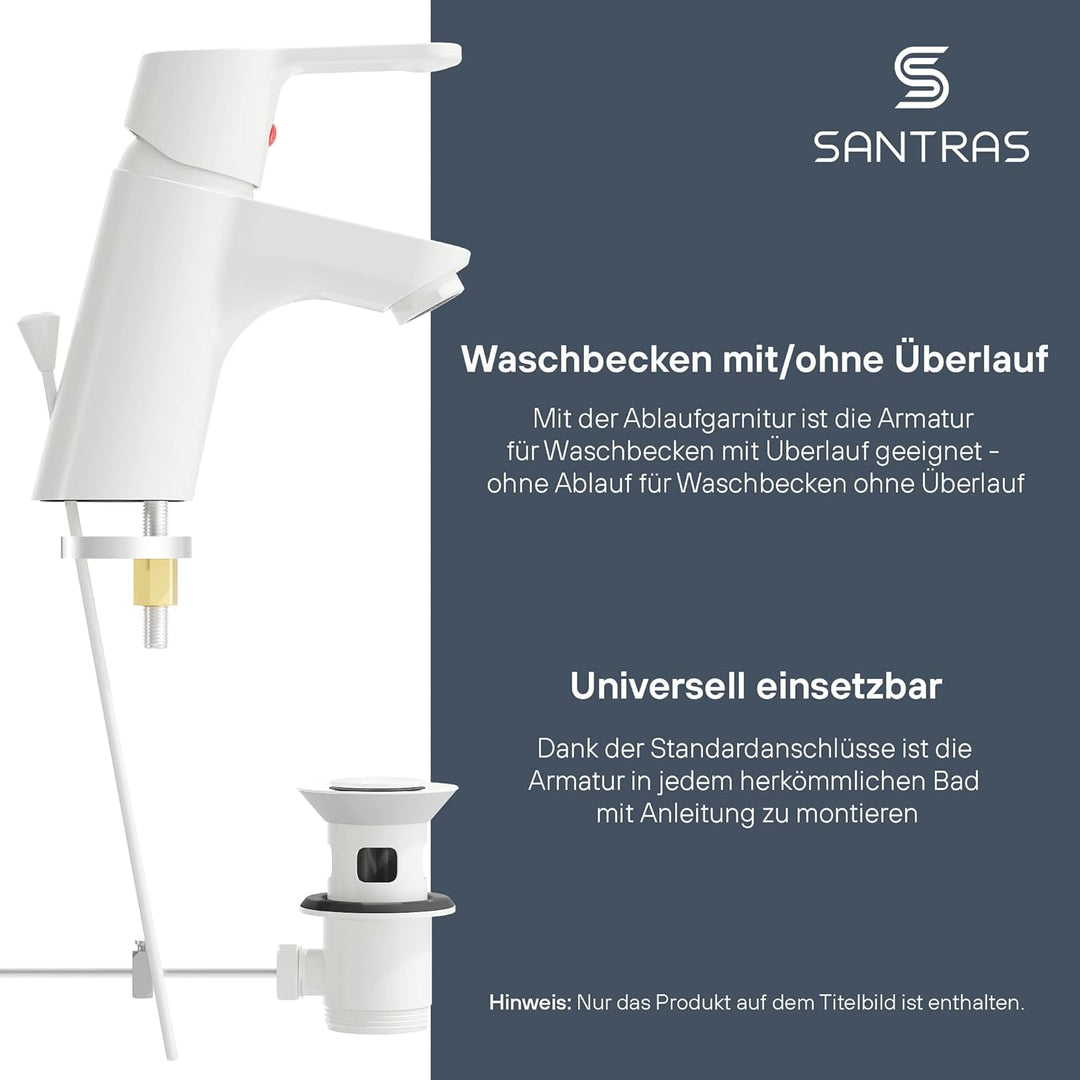 SANTRAS® Waschtischarmatur Bad in Weiss (RAL 9003, glänzend) mit Zugstange & Exzenter Ablaufgarnitur