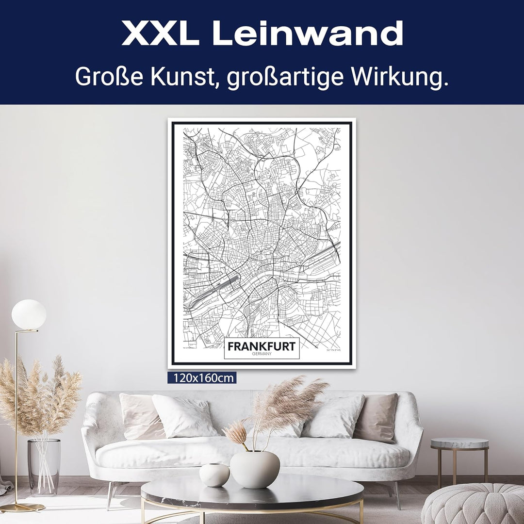 wandmotiv24 Stadt Karte als Leinwandbild, 80x60cm, Hochformat, Frankfurt, Deutschland, Plan, Strasse