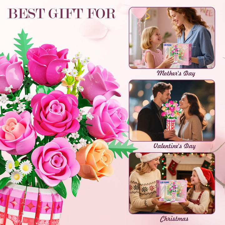 Romantischer Rosa Rosenstrauss-Bausatz mit Vase und LED-Licht, 845 PCS Blumen-Baustein-Spielzeug, Ge