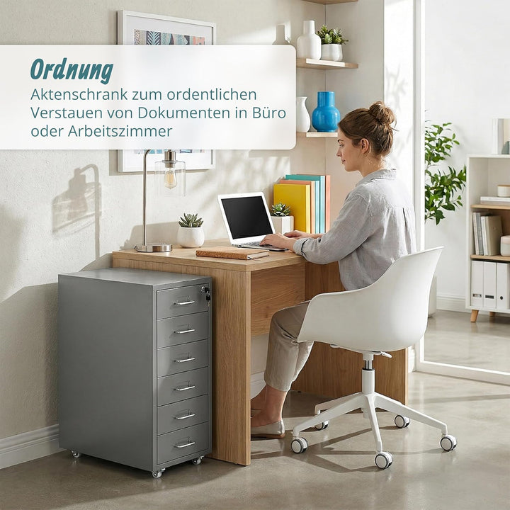 Relaxdays Rollcontainer, 6 Schubladen, HxBxT: 69 x 28 x 41 cm, abschliessbar, Aktenschrank auf Rolle