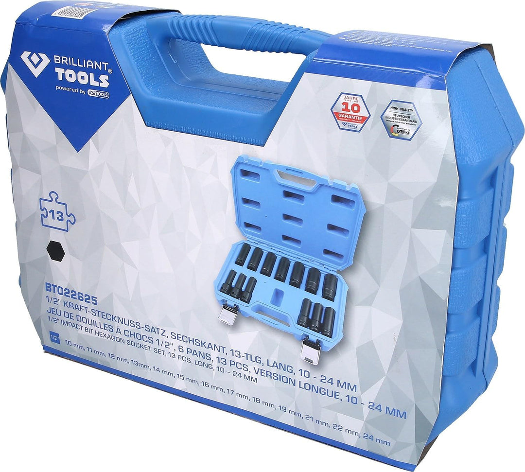 BRILLIANT TOOLS BT022625 1/2" Kraft-Stecknuss-Satz, Sechskant, 13-TLG, 10-24 mm,lang [Powered by KS