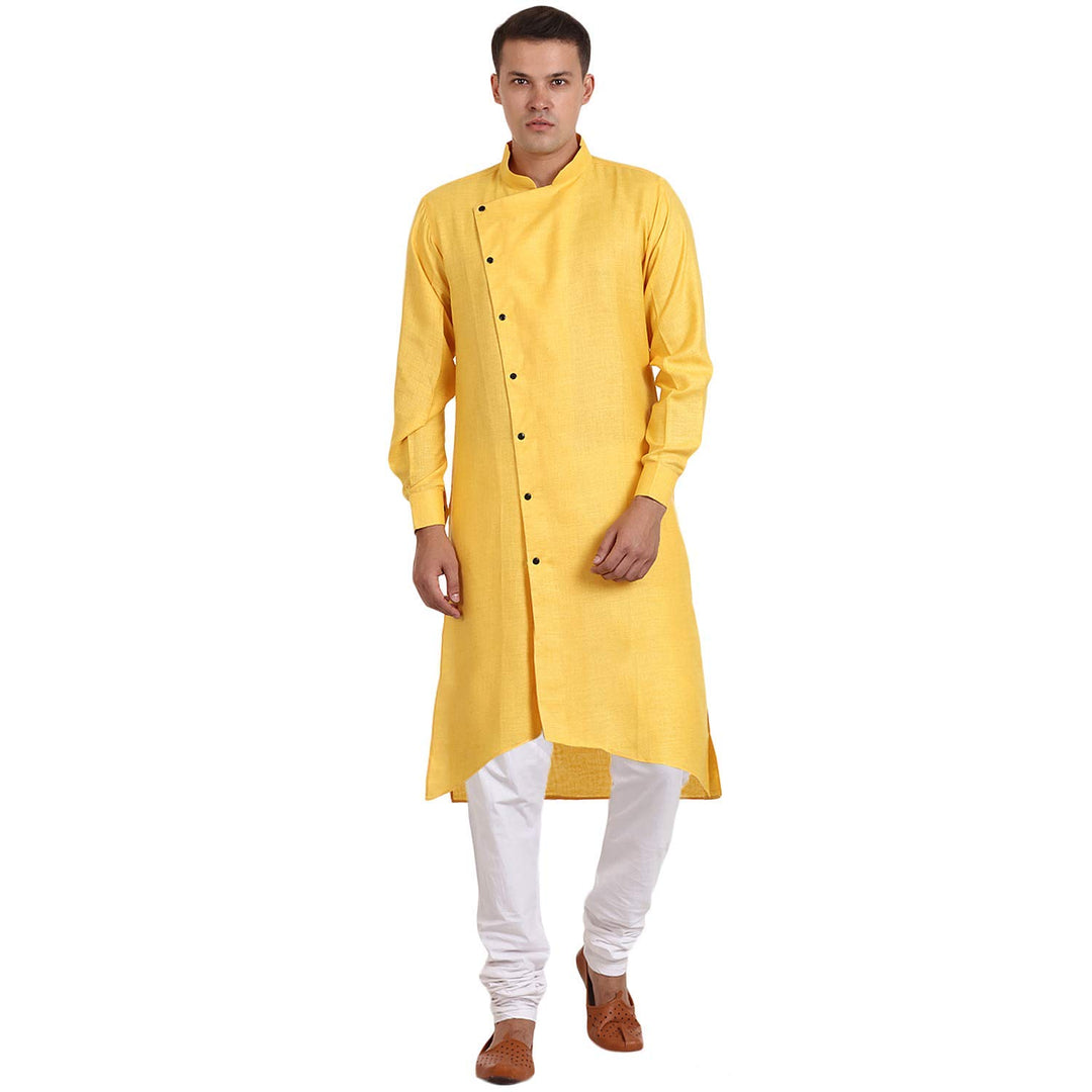 Royal Kurta Angarakha Herren Pyjama-Set aus Baumwolle, 55 Gelb