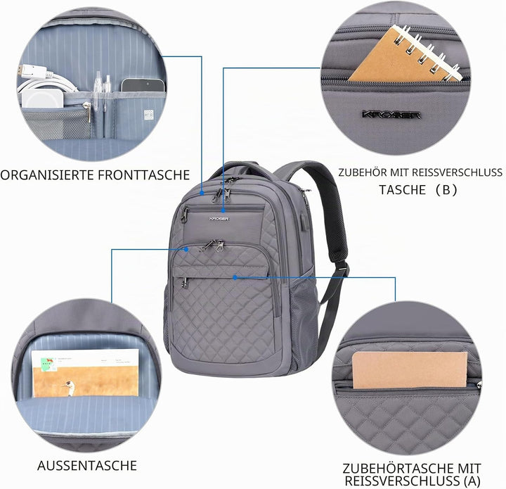 KROSER Laptop Rucksack 17-17,3'' Business Rucksack Schulrucksack 17.3" Gesteppt Grau, 17.3" Gesteppt