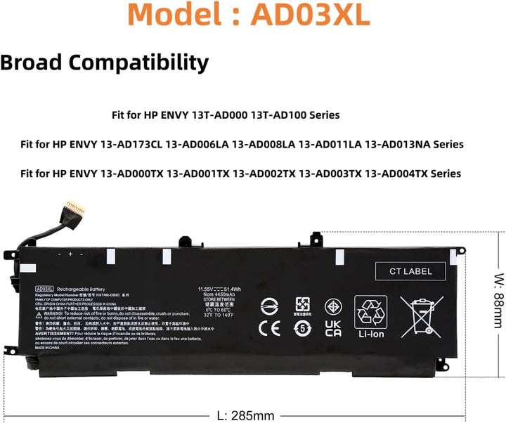 PUGASR AD03XL Laptop Akku Kompatibel mit HP Envy 13-AD000 13-AD002NG 13-AD101TX 13-AD104TX 13-AD108T