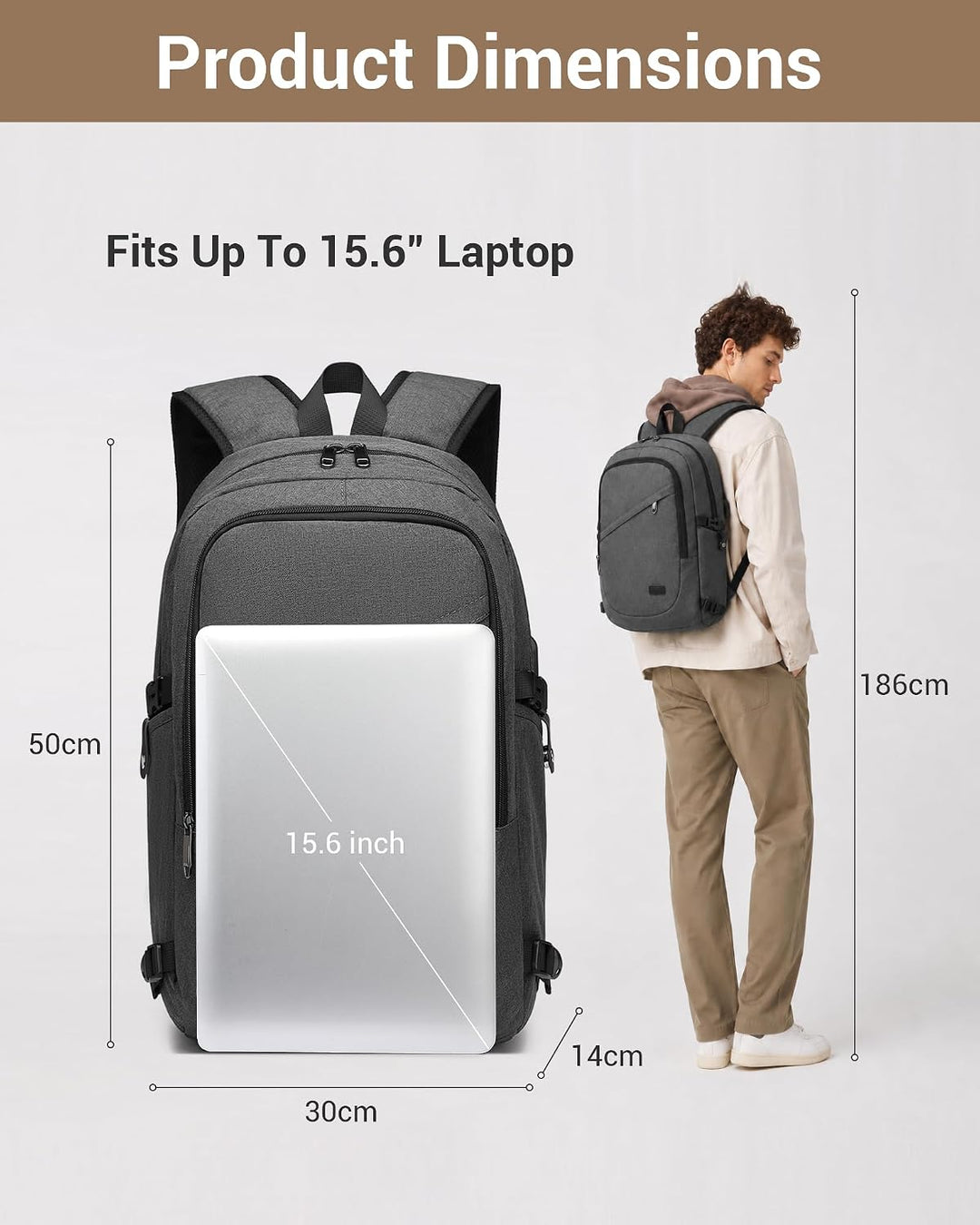 KONO Rucksack Herren, Laptop Rucksack 15,6 Zoll Anti-Diebstahl mit USB-Ladeanschluss, Schulrucksack