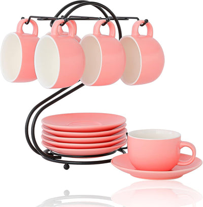 Keramik Espresso Tassen Set (135ml) mit Untertassen und Metall Ständer, Candiicap Kaffeetassen 6er S