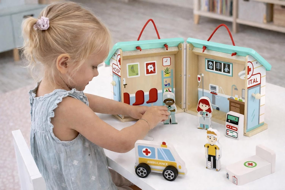 Tooky Toy Zusammenklappbares Krankenhaus aus Holz