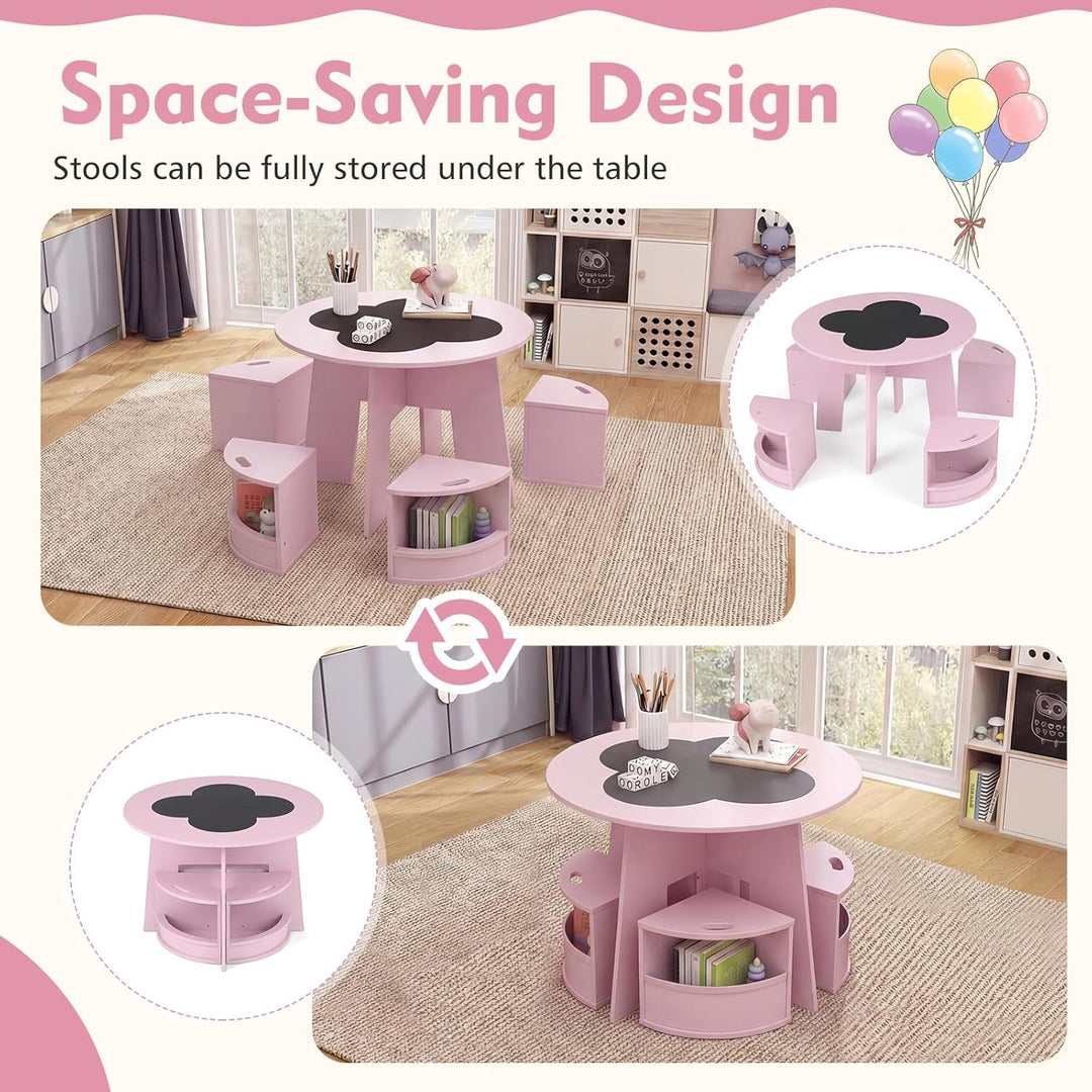 FANTASK 5-TLG. Kindertisch Stuhl Set Rund, Holztisch mit 4 Stauraumhockern, Maltisch für Kinderzimme