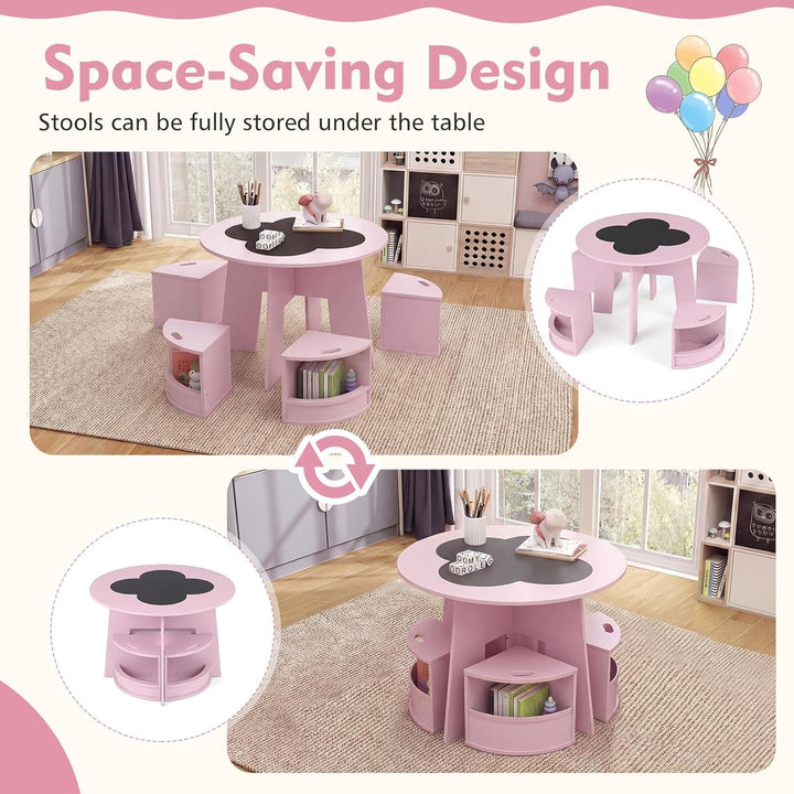 FANTASK 5-TLG. Kindertisch Stuhl Set Rund, Holztisch mit 4 Stauraumhockern, Maltisch für Kinderzimme