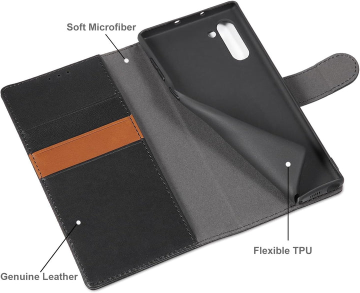 LENSUN Echtleder Hülle für Samsung Galaxy Note 10, Handyhülle [Echtes Leder] [Magnetverschluss] [RFI