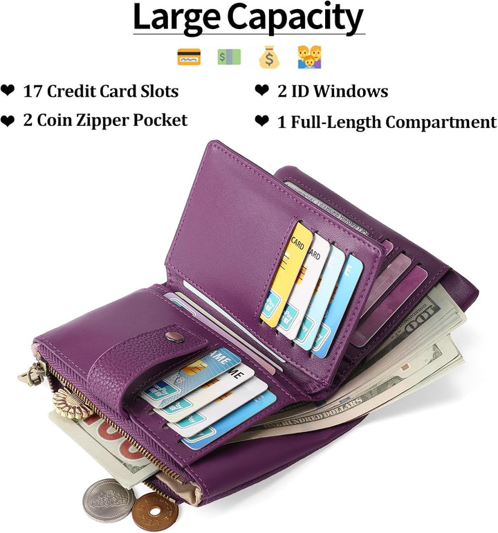 SENDEFN Geldbörsen für Damen Mittelgrosse, Dreifach Faltbare Portemonnaie Damen aus Leder, RFID-bloc