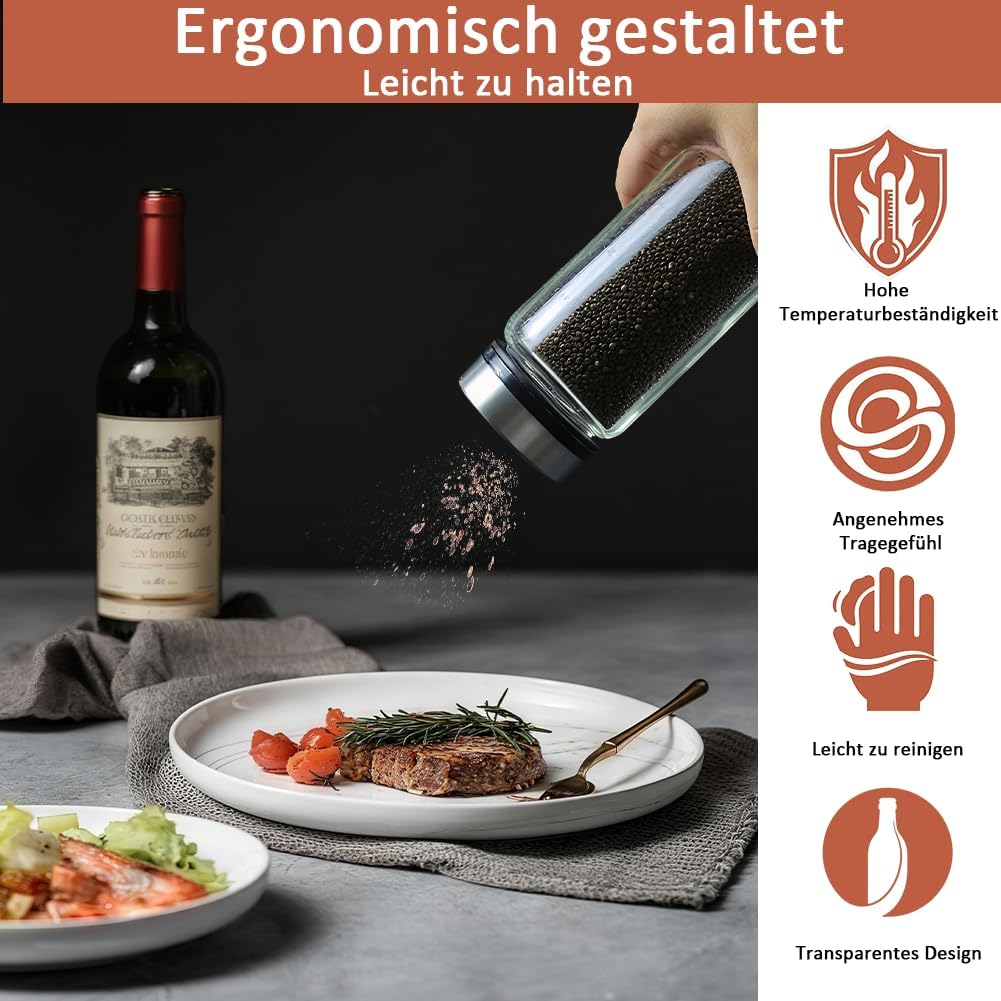 3 Stück Gewürzgläser mit Drehdeckel, 300ml Borosilikatglas Gewürzstreuer Round mit 4 Arten, Luftdich