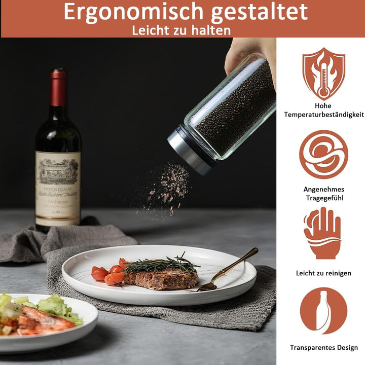 3 Stück Gewürzgläser mit Drehdeckel, 300ml Borosilikatglas Gewürzstreuer Round mit 4 Arten, Luftdich