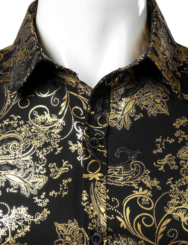 PARKLEES Herren Luxus Paisley Gemustert Golden Glänzend Slim Fit Freizeithemd L Schwarz Golden, L Sc