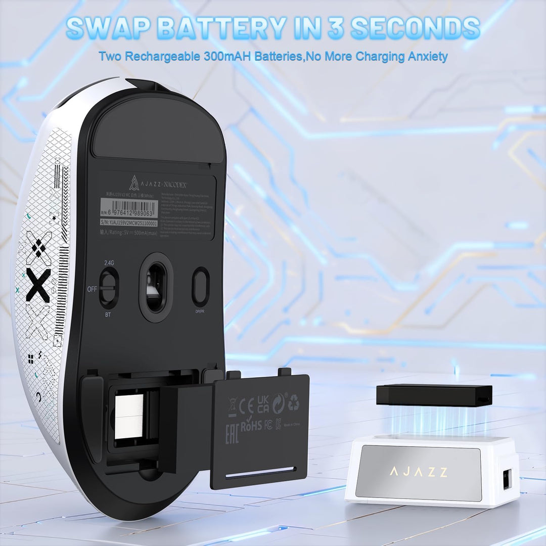 A.JAZZ AJ159 V2 ultraleichte drahtlose Spielmaus mit austauschbaren Akkus, Zwei 300mAh Einheiten mit