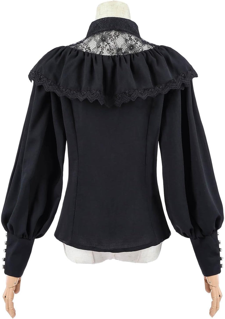 Fiamll Damen Viktorianisch Bluse Vintage Schleifenhemd Stehkragen mit Rüschen Langarmshirt Mittelalt