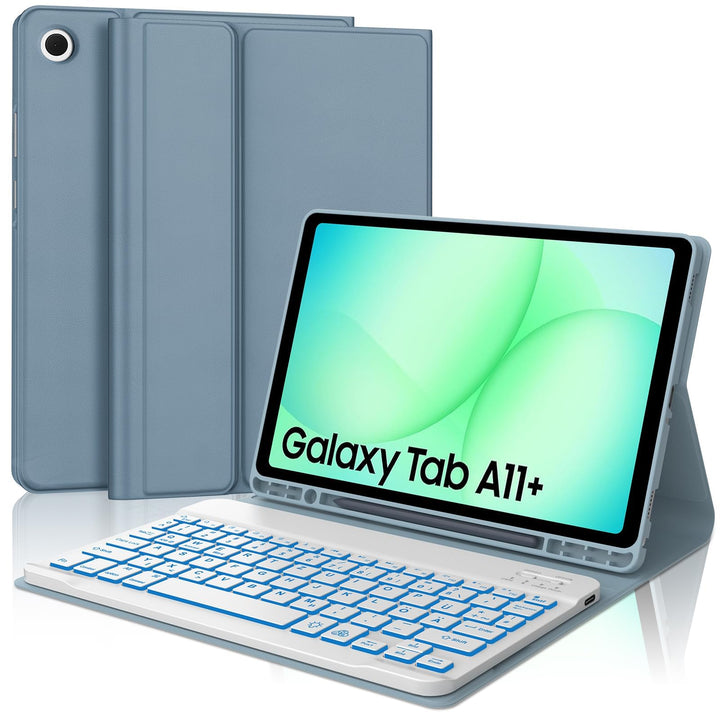 Hülle mit Tastatur für Samsung Tab A11+ & A9+ 11" (2025/2023) mit 7-Farben Beleuchtung, DE QWERTZ Bl