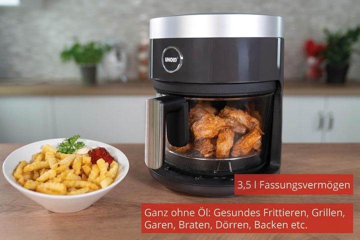 Unold 58695 Glas Heissluftfritteuse BPA-frei - Air fryer,1.200 Watt, LED-Touchscreen, 10 Automatikpr
