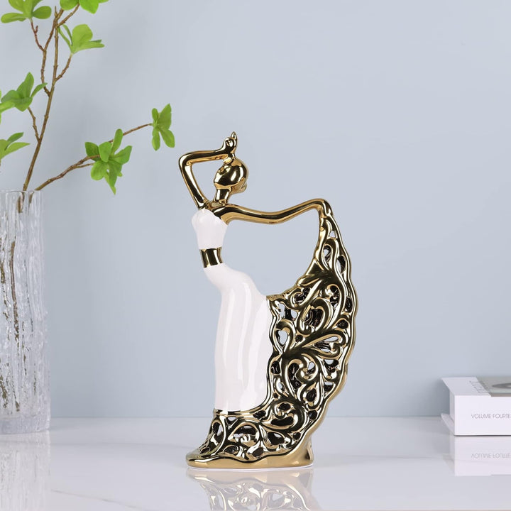 DOVDOV Pfauenstatue und Skulptur, weibliche Tänzerin Skulptur, moderne Zuhause goldene Keramikstatue