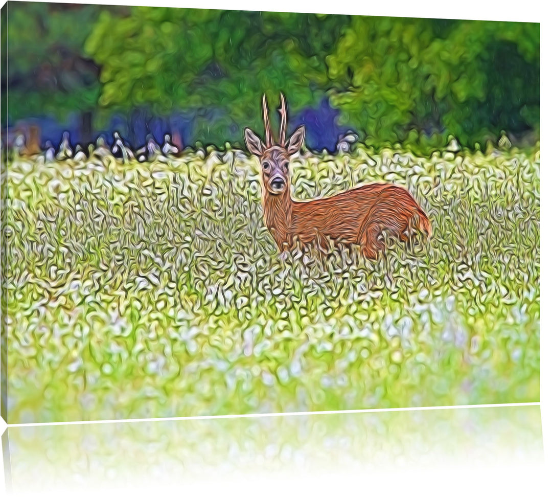 junger Hirsch auf Wildwiese NewArt Format: 100x70 cm auf Leinwand, XXL riesige Bilder fertig gerahmt