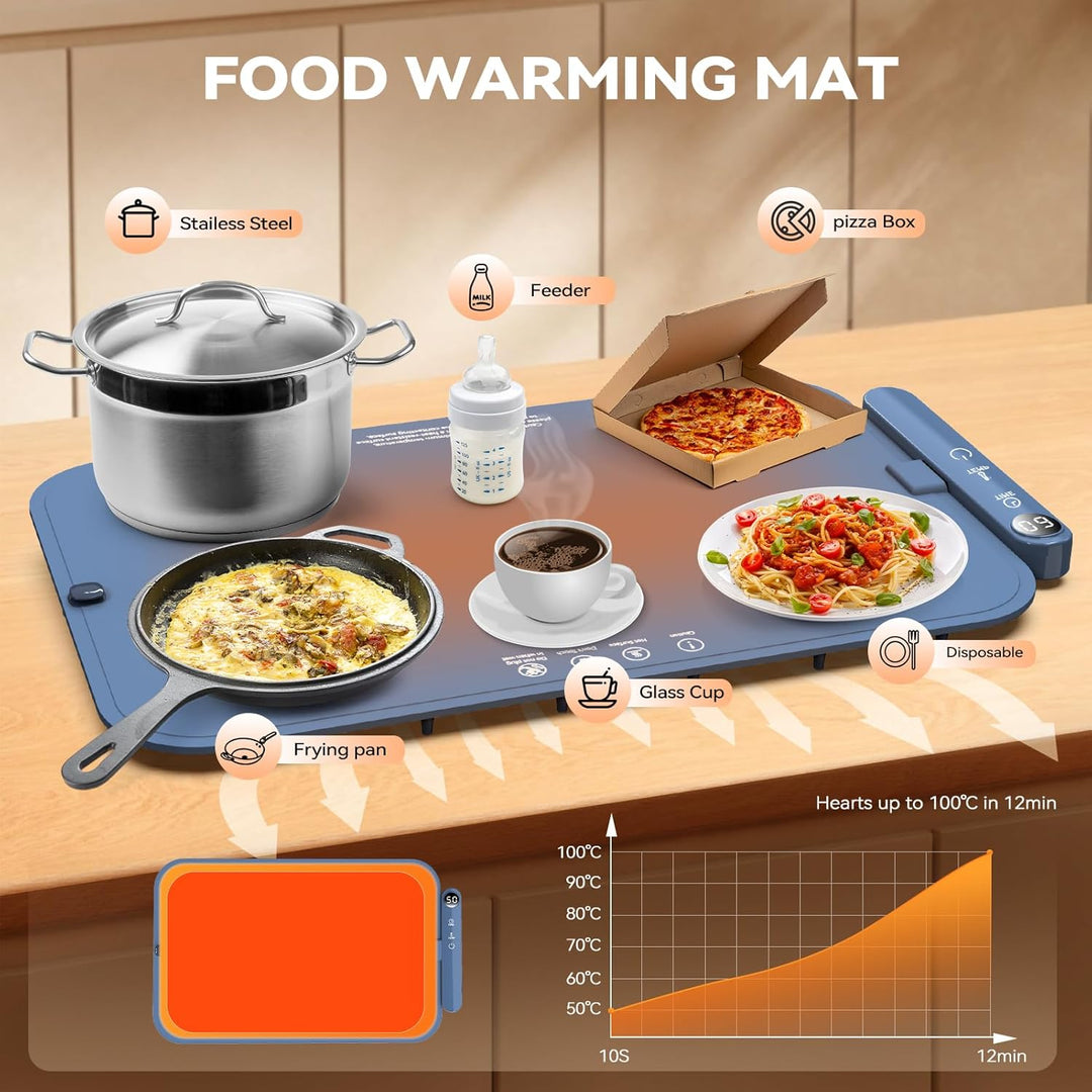 Warmhalteplatte Elektrisch mit Graphen Heizung | 6-stufige Temperaturregelung (50-100°C) & 6h Timer,