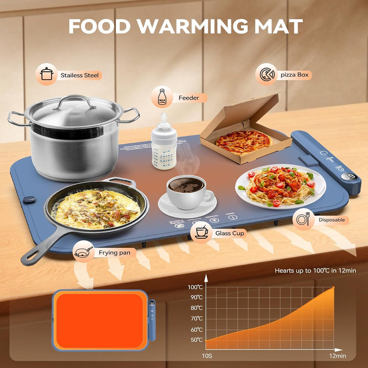 Warmhalteplatte Elektrisch mit Graphen Heizung | 6-stufige Temperaturregelung (50-100°C) & 6h Timer,