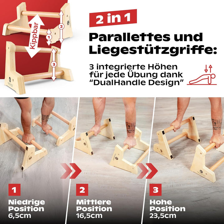 Calibarzz Parallettes & Liegestützgriffe aus Holz [3 Höhen] Push up Bars - Handstand Griffe - Dip Ba