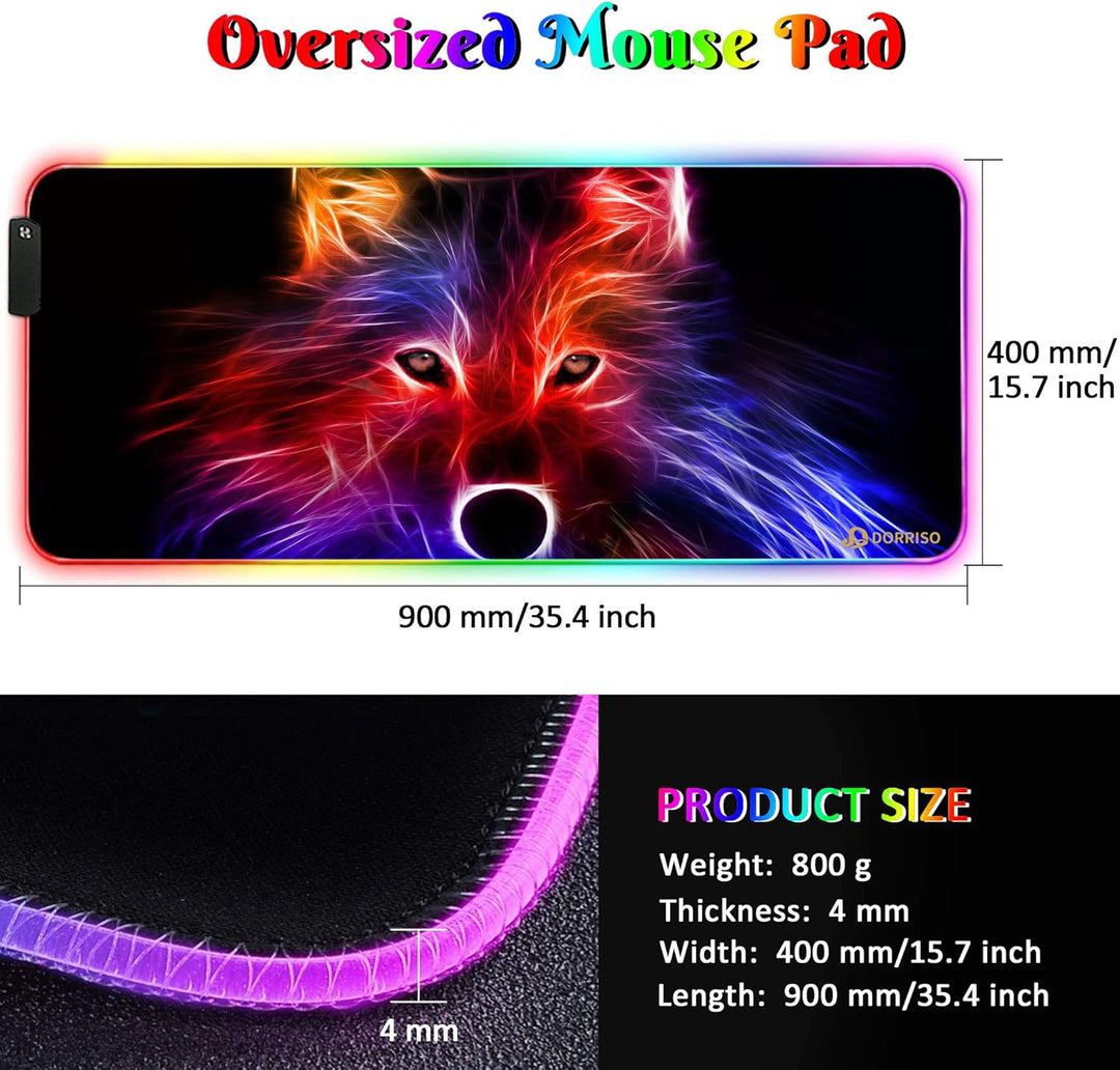 DORRISO RGB Gaming Mauspad 900x400x4 mm XXL Grosse Mousepad Fransenfreie Ränder Wasserdicht Tischunt