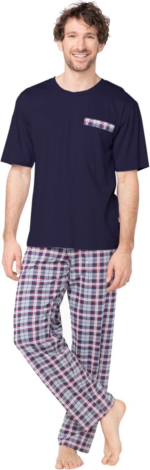 e.VIP® Herren Schlafanzug Chris SL 328A aus 100% Baumwolle S Marine/Weinrot, S Marine/Weinrot