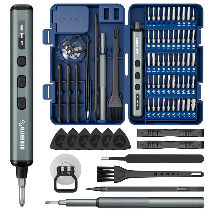 STREBITO Mini-Elektroschrauber-Set, 67-in-1 Präzisions-Elektroschrauber – 50 magnetische S2-Bits, 5