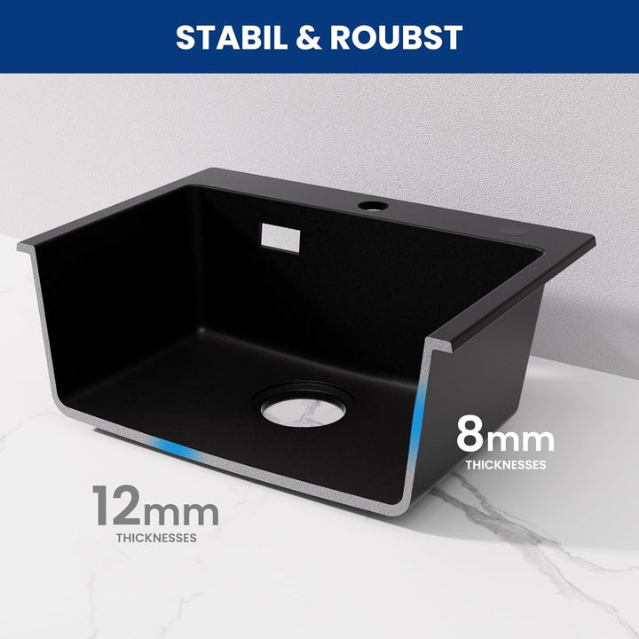 CECIPA Spülbecken Schwarz 50x45cm, Küchenspüle aus Granit, 1 Becken Einbauspüle, 80% Quarzsand Küche