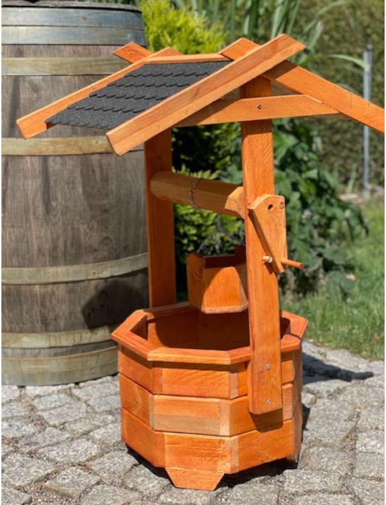 Grosser Handgefertigter Garten-Deko-Achteck-Brunnen aus Holz Braun/Grün Höhe 84 cm für den Garten/Ou