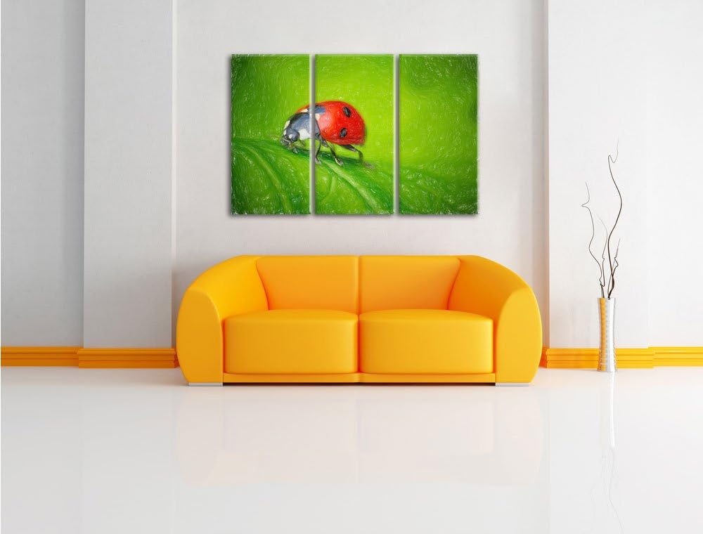 Pixxprint Marienkäfer auf Blatt / 3-Teilig/Gesamtmass 120cm Leinwandbild bespannt auf Holzrahmen/Wan