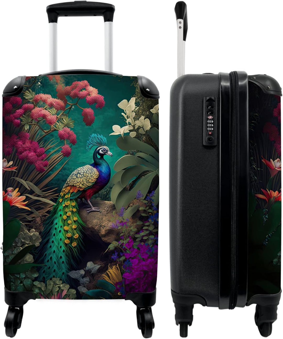 NoBoringSuitcases.com® Koffer Handgepäck Trolley Rollkoffer Kleine Reisekoffer mit 4 Rollen - Pfau -