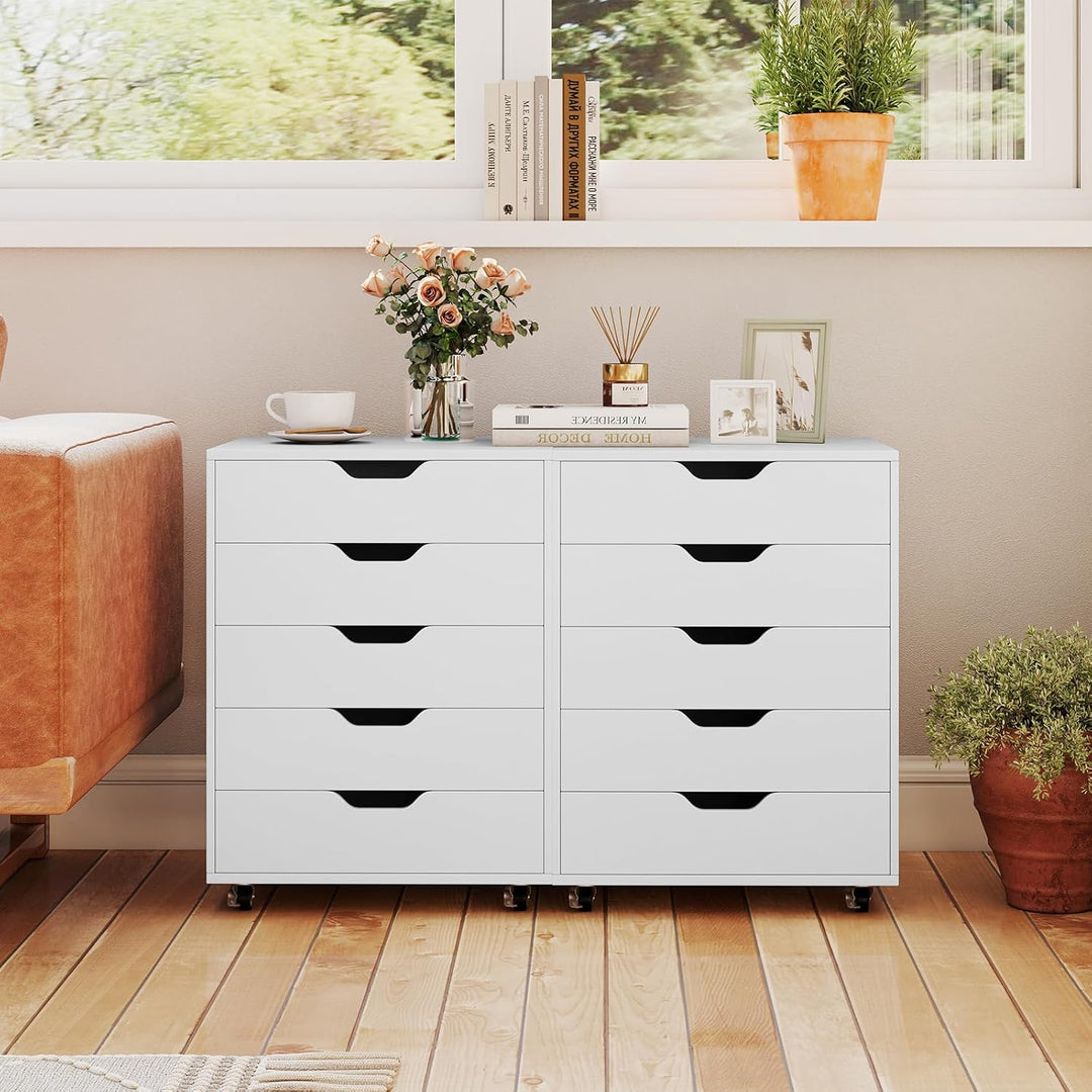 GIANTEX Rollcontainer mit 5 Schubladen, Aktenschrank mit Rollen, Schubladenschrank Holz, Druckertisc