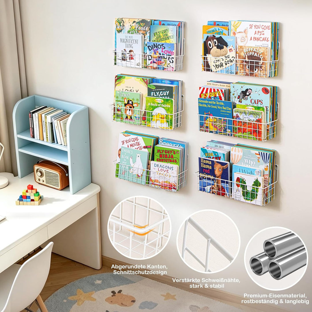 PUERSI 6er-Set Bücherregal Kinder Wand, Metall Wandregal Bücher, Hängend Regal für Kinderzimmer Aufb