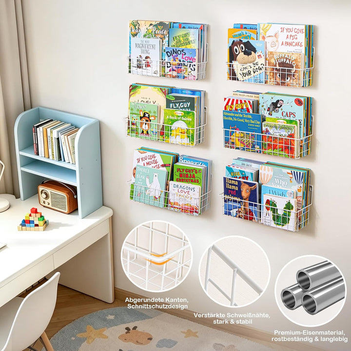 PUERSI 6er-Set Bücherregal Kinder Wand, Metall Wandregal Bücher, Hängend Regal für Kinderzimmer Aufb