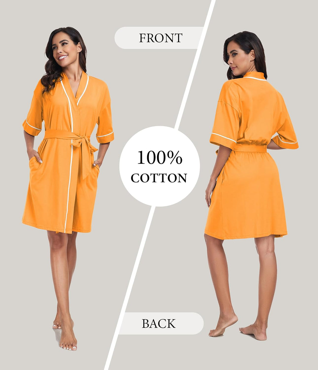 COLORFULLEAF 100% Baumwolle Bademantel Damen Kurz Morgenmantel Leicht Knielang Kimono Saunamantel Na