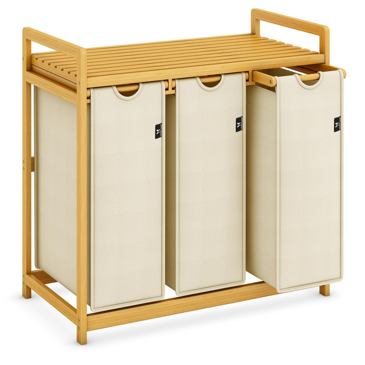 AdelDream Wäschekorb 150L, 3 Fächer Wäschesammler mit Ablage, Bambusrahmen | Wäschesortierer mit 3 x