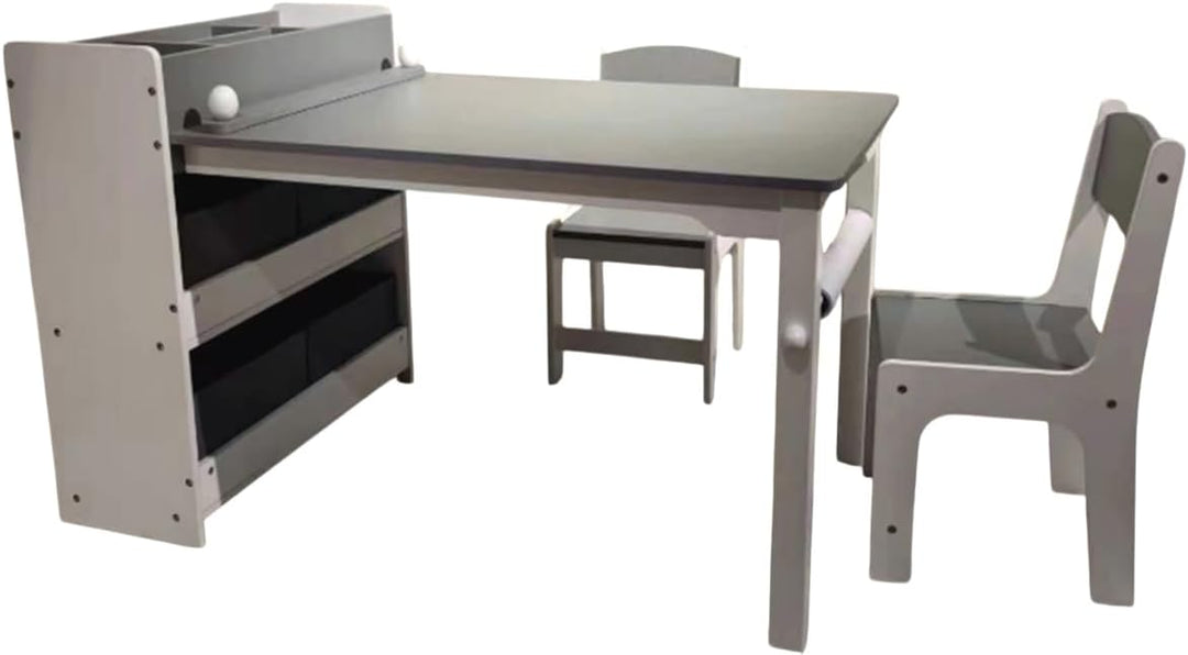habeig Kinderzimmer Möbelset, MDF Tisch mit 2 Stühlen und Regalschrank in Grau/Weiss, 4 Stoffkörbe,