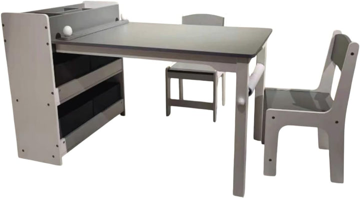 habeig Kinderzimmer Möbelset, MDF Tisch mit 2 Stühlen und Regalschrank in Grau/Weiss, 4 Stoffkörbe,