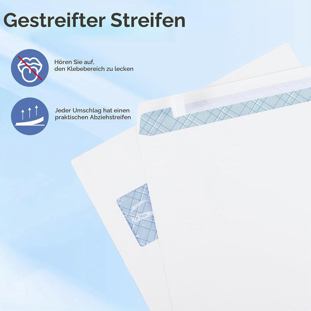 50 Stück Briefumschlag C4 A4 weiss, mit Fenster, selbstklebend, mit Abziehstreifen, Chiffre-Struktur
