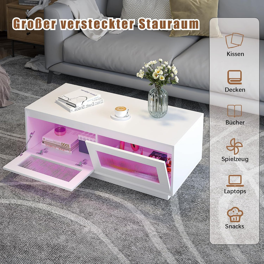 KEEPREAPER Couchtisch Wohnzimmertisch mit LED Beleuchtung, Sofatisch mit 2 Ablagefächern für Wohnzim