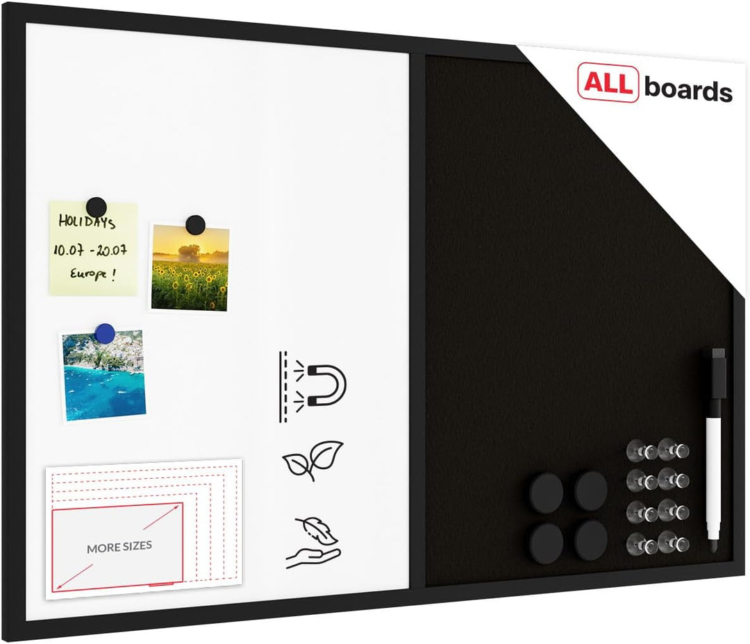 ALLboards Kombitafel 2 in 1 Magnettafel & Schwarz Kork-Pinnwand 90x60cm, Holzrahmen Schwarz lackiert