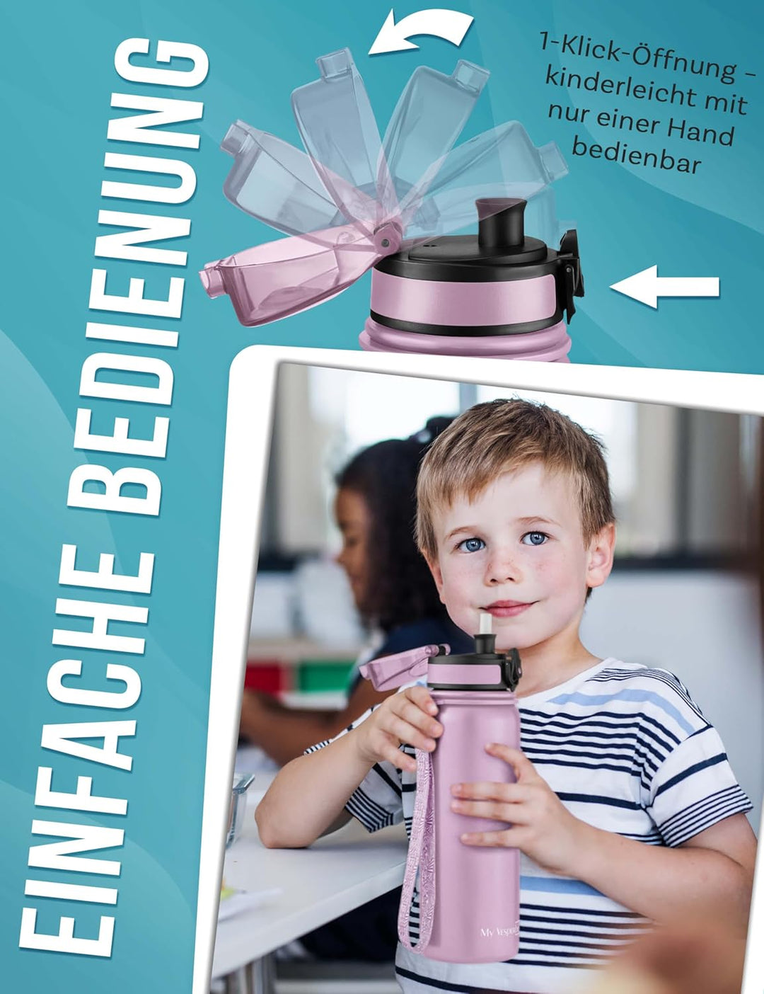 MY VESPERBOX® Edelstahl Thermosflasche Kinder [INK. STROHHALM & SIEB] - Isolierflasche für Jungen &