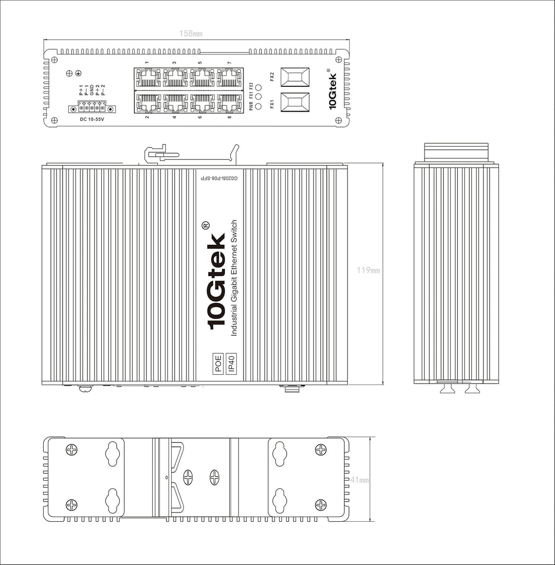 10Gtek 10-Port Industrial DIN-Rail Ethernet Switch Hutschiene, POE 802.3af/at, IP40, 2X Gigabit SFP