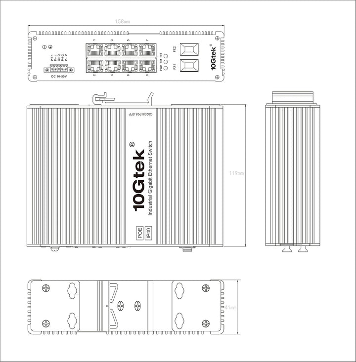 10Gtek 10-Port Industrial DIN-Rail Ethernet Switch Hutschiene, POE 802.3af/at, IP40, 2X Gigabit SFP